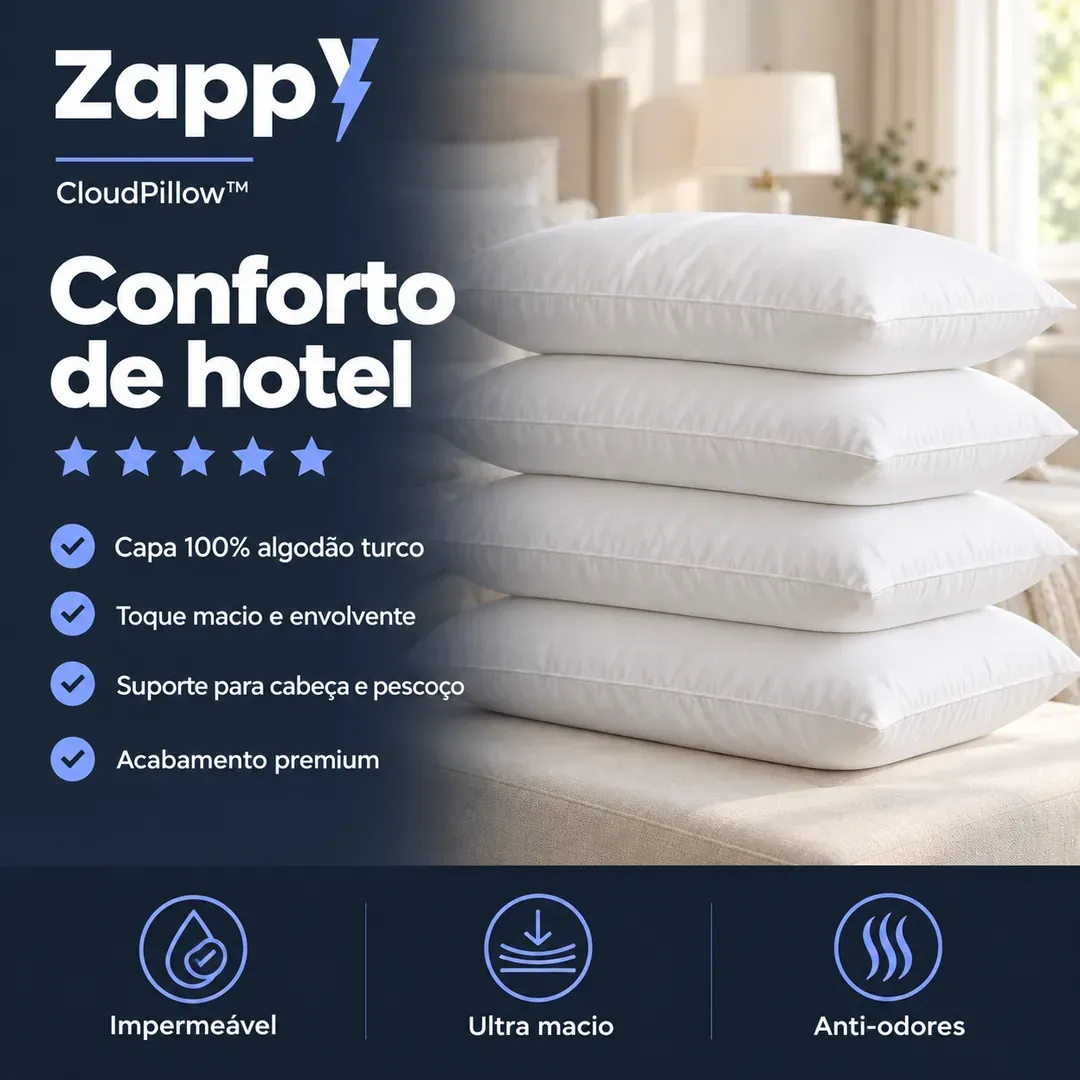 Pilha de quatro travesseiros CloudPillow brancos sobre a cama, ao lado da lista de benefícios do produto
